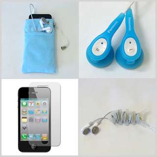 Apple iPhone 4 Blue Soft Pouch Case Earphones Bundle  