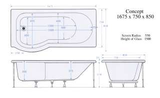 1675mm Left Hand Concept 12 Jet P Shape Whirlpool Bath  