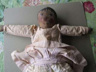Antique 1800s early hand sewn oil cloth doll painted face, original 
