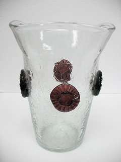 Vintage Blenko Glass Crackle Vase Purple Rosettes Mid Century Modern 