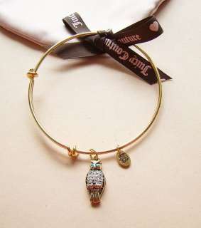 Auth Juicy Couture Pave Owl Charm Wish Gold Bangle Bracelet  