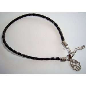  Black Leather Bracelet with Hamsa Hand / Star of David 