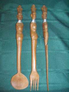 Set of 3 African Carved Wood Wooden Spoon Fork Knife  
