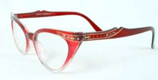   Womens Cat Eye Dual Cherry Red Frame Clear Lens Glasses Rhinestones