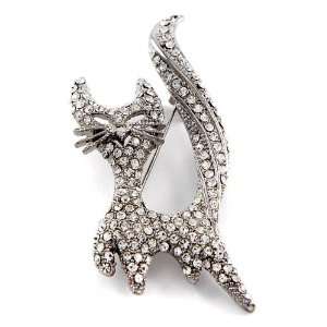    Silvertone Clear Rhinestone Cat Brooch Pin Fashion Jewelry Jewelry