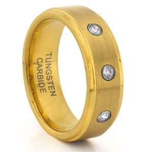 : 8MM Tungsten Carbide Brushed Gold Diamond CZ Mens Wedding Band Ring 