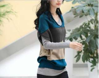 Women V neck Wide Stripe Batwing Sleeve Blouse Shoulder Stripe Sweater 