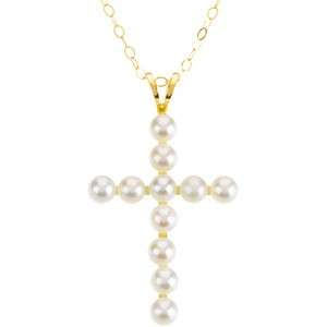 14K Childrens Pearl Cross Necklace Religious Pendant  