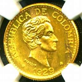 1929 COLOMBIA GOLD COIN 5 PESOS * NGC * CERTIFIED & GRADED MS 64 