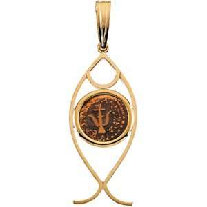 Authentic Widows Mite Coin Set in 14kt Yellow Gold St. Peters Fish 