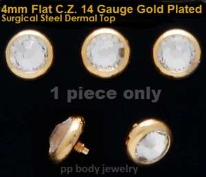 4mm Flat C.Z. 14Ga. 14K Gold Plated Dermal Anchor Top  