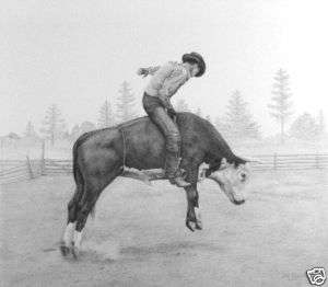 Pencil Drawing Ltd Edition Print Rodeo Bull Rider  