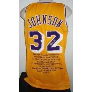 Magic Johnson Signed La Lakers Stats Jersey Le/32 Jsa
