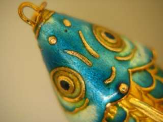 Large Reticulated Blue Enamel Gold Filled Fish Pendant Articulated 
