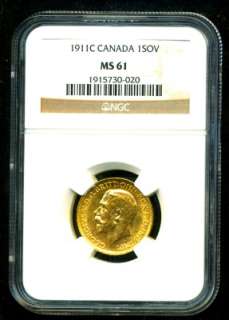 1911 C CANADA GEORGE V GOLD COIN SOVEREIGN NGC MS 61  