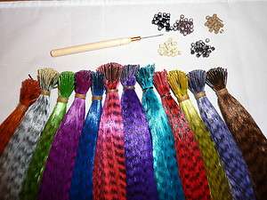 36 Long Grizzly SYNTHETIC FEATHER Hair EXTENSION w/ TOOLS + 100 BEADS 