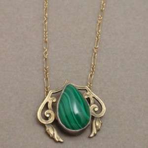 Art Nouveau Pendant Necklace Chain Sterling Silver Malachite Vintage 