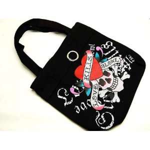   Slowly Skull Design Tote Bag Ed Hardy Inspired   Black with Free Gift