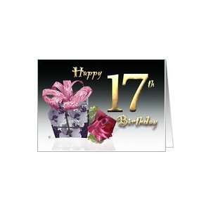 Gift box red rose birthday card Happy 17th Birthday pink bow present 