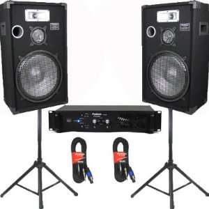  15 DJ Speakers, Stands, Amp and Cables Set for PA Home or Karaoke 