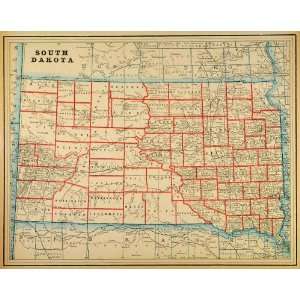 1893 Print Map South Dakota State Counties Cities Rivers United States 