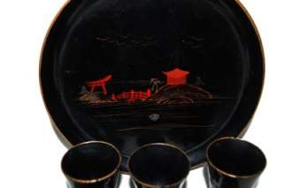  Vintage Japanese Sake Cups And Tray With Mother Of Pearl Inlay  