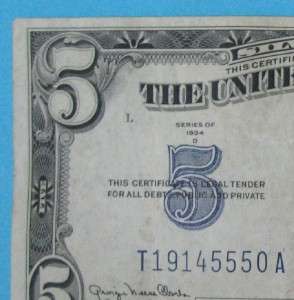 1934 D $5 Silver Certificate Old LARGE Blue Seal and Blue 5  