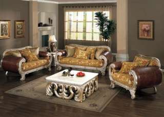   Luxury Formal Gold Burgundy Leather Fabric Wood Sofa & Loveseat  