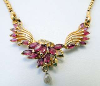 Vintage 22K solid gold chain and ruby and diamond pende  
