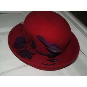  Ladies Red Wool Hat with Feathers NEW 