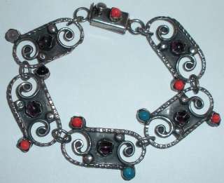   TAXCO MEXICAN STERLING SILVER AMETHYST CORAL TURQUOISE BRACELET MEXICO