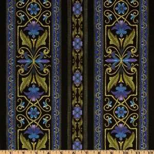  44 Wide Sophia Floral Stripes Black/Blue Fabric By The 