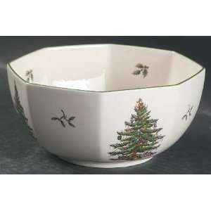 Spode Christmas Tree Green Trim 7 Octagonal Serving Bowl, Fine China 